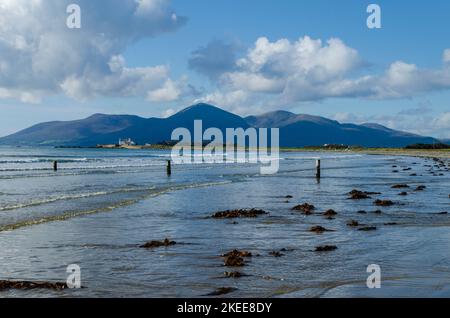 Die Mourne Berge vom Tirella Strand mit der Blauen Flagge aus Stockfoto