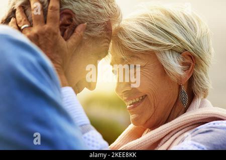 Ein Seniorenpaar genießt den Tag gemeinsam in einem Park. Stockfoto