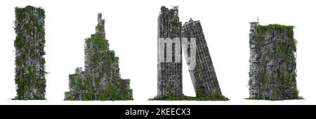 Eine Reihe von ruinierten, überwucherten Wolkenkratzern, hohen, post-apokalyptischen Gebäuden, isoliert auf weißem Hintergrund Stockfoto