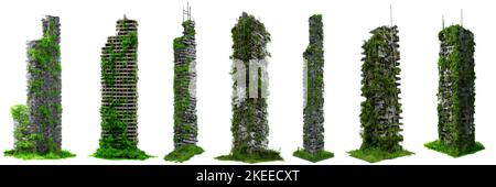 Eine Reihe von ruinierten, überwucherten Wolkenkratzern, hohen, post-apokalyptischen Gebäuden, isoliert auf weißem Hintergrund Stockfoto