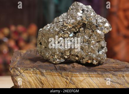 Pyrit-Exemplar auf Raw Tigers Eye Rock mit getrockneten Kräutern im Hintergrund seichter Freiheitsgrad Stockfoto