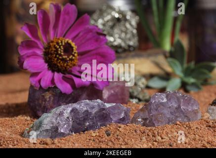 Chakra Steine und Blumen mit australischem rotem Sand auf Meditationstisch Stockfoto