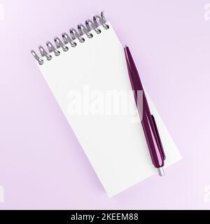 Weißer Notizblock mit violettem Stift auf weichem violettem Hintergrund. Minimale abbildung 3D auf einem weichen rosa Hintergrund von oben Stockfoto