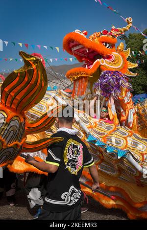 Dorfbewohner führen einen traditionellen, farbenfrohen Drachentanz auf dem zehnjährigen Da Jiu Festival-Gelände, kam Tin, New Territories, Hong Kong, 2015, auf Stockfoto