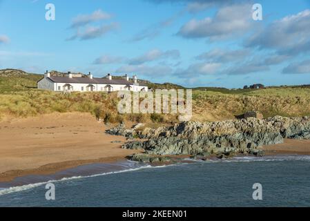 Pilots Cottages auf Llanddwyn Island, Anglesey. Wilde Carneddau Ponys grasen über dem Strand. Stockfoto