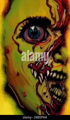 Illustration eines Zombie- oder Dämonengesichts im Retro-Vintage-Stil. Altmodisches Zombie-Porträt Stockfoto
