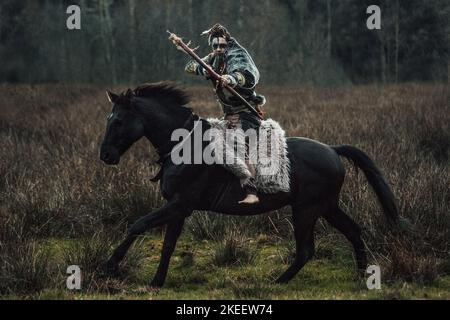 Krieger auf dem Pferderücken Stockfoto