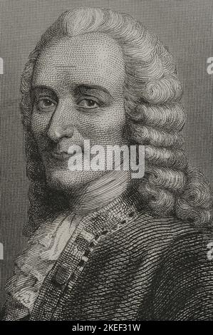 Voltaire (Francois Marie Arouet) (1694-1778). Französischer Schriftsteller der Aufklärung. Hochformat. Gravur von Geoffroy. „Historia Universal“, von César Cantú. Band VI. 1857. Autor: Charles Geoffroy (1819-1882). Französischer Gravierer. Stockfoto