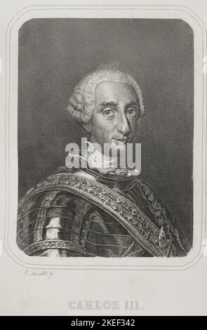 Karl III. (1716-1788). König von Spanien (1759-1788). Bourbon-Dynastie. Hochformat. Stich von J. Amills. „Historia Universal“, von César Cantú. Band VI. 1857. Autor: José Amils. Spanischer Kupferstecher aus dem 19.. Jahrhundert. Stockfoto