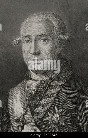 José Moñino y Redondo, 1. Graf von Floridablanca (1728-1808). Spanischer Staatsmann. Staatssekretär (1777-1792). Hochformat. Stich von J. Amills. „Historia Universal“, von César Cantú. Band VI. 1857. Autor: José Amils. Spanischer Kupferstecher aus dem 19.. Jahrhundert. Stockfoto