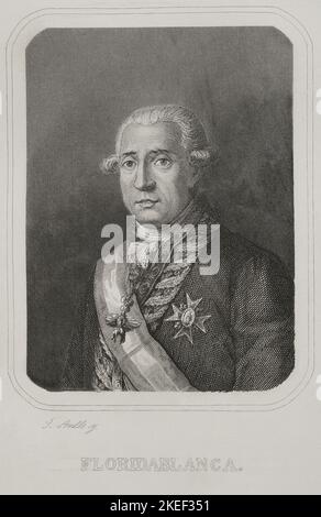 José Moñino y Redondo, 1. Graf von Floridablanca (1728-1808). Spanischer Staatsmann. Staatssekretär (1777-1792). Hochformat. Stich von J. Amills. „Historia Universal“, von César Cantú. Band VI. 1857. Autor: José Amils. Spanischer Kupferstecher aus dem 19.. Jahrhundert. Stockfoto