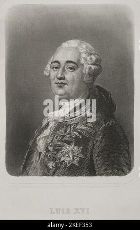 Ludwig XVI. (1754-1793). König von Frankreich (1774-1792). Er heiratete Marie Antoinette und wandte sich gegen den Dritten Stand und versuchte, den revolutionären Prozess zu stoppen. Hochformat. Gravur von Geoffroy. „Historia Universal“, von César Cantú. Band VI. 1857. Autor: Charles Geoffroy (1819-1882). Französischer Gravierer. Stockfoto