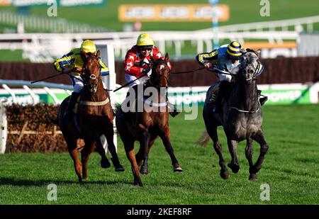Drehbuchautor unter Jockey Paddy Brennan (weiß/rote Seide) auf dem Weg zum Sieg der JCB Triumph Trial Juvenile Hürde am zweiten Tag des November-Meetings auf der Pferderennbahn Cheltenham. Bilddatum: Samstag, 12. November 2022. Stockfoto
