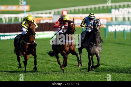 Drehbuchautor unter Jockey Paddy Brennan (weiß/rote Seide) auf dem Weg zum Sieg der JCB Triumph Trial Juvenile Hürde am zweiten Tag des November-Meetings auf der Pferderennbahn Cheltenham. Bilddatum: Samstag, 12. November 2022. Stockfoto