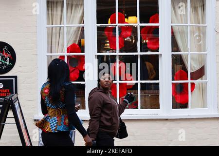 Ashford, Kent, Großbritannien. 12. November 2022. Einige Banken haben eine geringfügige Senkung der Hypothekenzinsen angekündigt. Eine große Ausstellung von Mohnblumen im Fenster eines Pubs. Foto-Kredit: Paul Lawrenson /Alamy Live Nachrichten Stockfoto