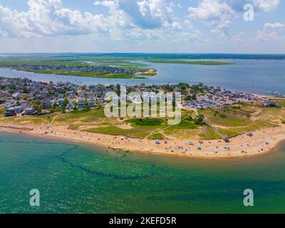 Plum Island Beach Luftaufnahme am nördlichsten Punkt von Plum Island an der Mündung des Merrimack River zum Atlantik, Newburyport, Massachusetts Stockfoto