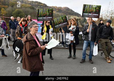 Ironbridge, Telford, Großbritannien. November 12. 2022. COP27 Climate Justice.Environmental Groups aus ganz Shropshire nahmen am Aktionstag der Global Justice Coalition „Call the Alarm“ in Ironbridge Teil. Telford Extinction Rebellion-Redner, pensionierter Lehrer Kris Welch aus Broseley. Kredit: Dave Bagnall Stockfoto