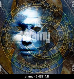 Surreales Gesicht der Zeit. 3D Rendern Stockfoto