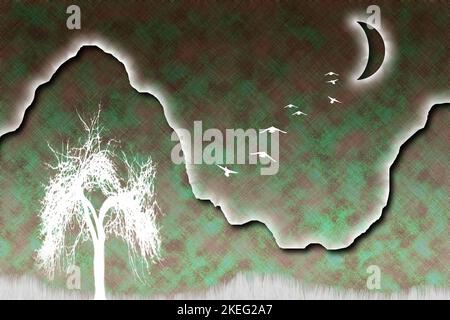 Vögel fliegt zum Mond. 3D-Rendering Stockfoto