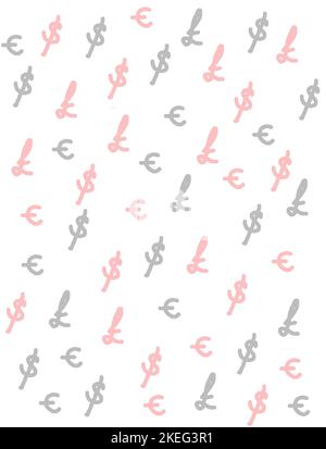 Pfund-, Dollar- und Euro-Symbole in Grau und Hellrot wurden verwendet, um einen Hintergrund zu schaffen, der Wechselkurse, Wirtschaft, Finanzen und Vergleich illustriert. Stockfoto