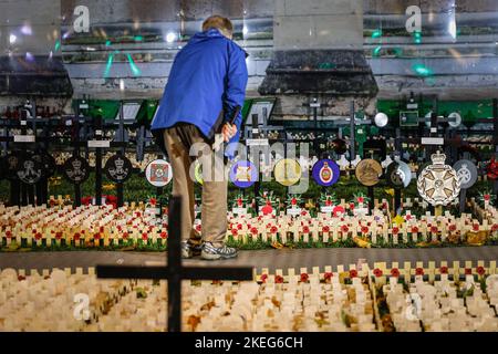 London, Großbritannien. 12.. November 2022. Kleine Holzkreuze markieren diejenigen, die ihr Leben verloren haben, während die Menschen vorbeigehen, um ihren Respekt zu erweisen. Das Feld der Erinnerung in der Westminster Abbey wird seit 1928 von der Poppy Factory organisiert, um diejenigen zu ehren und zu erinnern, die ihr Leben verloren haben, während sie in den Streitkräften dienten. Das Feld der Erinnerung ist bis zum 20.. November für die Öffentlichkeit zugänglich. Kredit: Imageplotter/Alamy Live Nachrichten Stockfoto