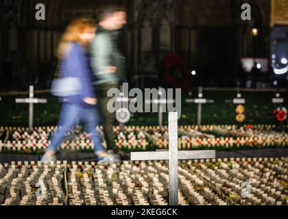 London, Großbritannien. 12.. November 2022. Kleine Holzkreuze markieren diejenigen, die ihr Leben verloren haben, während die Menschen vorbeigehen, um ihren Respekt zu erweisen. Das Feld der Erinnerung in der Westminster Abbey wird seit 1928 von der Poppy Factory organisiert, um diejenigen zu ehren und zu erinnern, die ihr Leben verloren haben, während sie in den Streitkräften dienten. Das Feld der Erinnerung ist bis zum 20.. November für die Öffentlichkeit zugänglich. Kredit: Imageplotter/Alamy Live Nachrichten Stockfoto