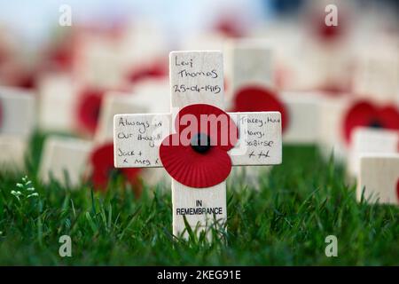 Bath, Großbritannien. 12.. November 2022. Mohnblumen auf Kreuzen werden vor der Abtei von Bath vor den Gedenkveranstaltungen zum Sonntag der Erinnerung abgebildet. Quelle: Lynchpics/Alamy Live News Stockfoto