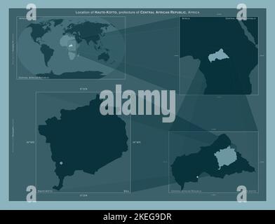 Haute-Kotto, Präfektur der Zentralafrikanischen Republik. Diagramm, das die Position der Region auf größeren Karten zeigt. Zusammensetzung von Vektorrahmen und Stockfoto
