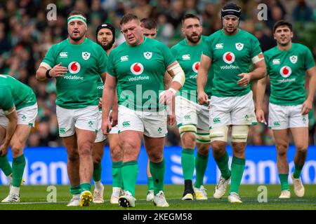 Dublin, Irland. 12.. November 2022. Die irischen Rugby-Spieler beim Spiel der Bank of Ireland Nations Series zwischen Irland und Fidschi im Aviva Stadium in Dublin, Irland, am 12. November 2022 (Foto von Andrew SURMA/ Quelle: SIPA USA/Alamy Live News Stockfoto