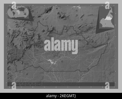 Adamaoua, Region Kamerun. Höhenkarte in Graustufen mit Seen und Flüssen. Karten für zusätzliche Eckposition Stockfoto