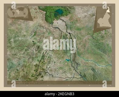 Extreme-Nord, Region Kamerun. Hochauflösende Satellitenkarte. Standorte der wichtigsten Städte der Region. Karten für zusätzliche Eckposition Stockfoto