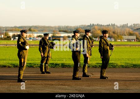 Nachstellung der Avro Vulcan XM655-Piloten auf dem Wellesbourne Airfield, Warwickshire, Großbritannien Stockfoto