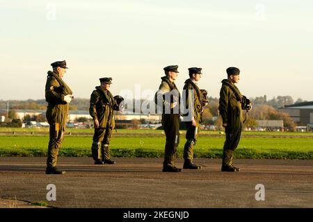 Nachstellung der Avro Vulcan XM655-Piloten auf dem Wellesbourne Airfield, Warwickshire, Großbritannien Stockfoto