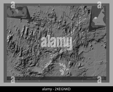 Nord-Ouest, Region Kamerun. Bilevel-Höhenkarte mit Seen und Flüssen. Orte und Namen der wichtigsten Städte der Region. Ecke Zusatzlokat Stockfoto