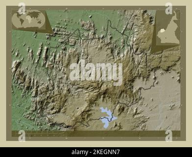 Nord-Ouest, Region Kamerun. Höhenkarte im Wiki-Stil mit Seen und Flüssen. Karten für zusätzliche Eckposition Stockfoto