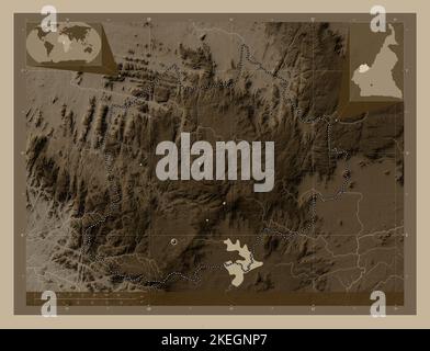 Nord-Ouest, Region Kamerun. Höhenkarte in Sepia-Tönen mit Seen und Flüssen. Karten für zusätzliche Eckposition Stockfoto