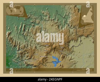 Nord-Ouest, Region Kamerun. Farbige Höhenkarte mit Seen und Flüssen. Orte und Namen der wichtigsten Städte der Region. Ecke Zusatzlokat Stockfoto