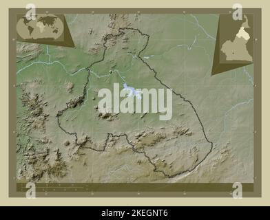 Nord, Region Kamerun. Höhenkarte im Wiki-Stil mit Seen und Flüssen. Karten für zusätzliche Eckposition Stockfoto