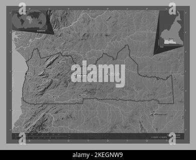 Süd, Region Kamerun. Bilevel-Höhenkarte mit Seen und Flüssen. Orte und Namen der wichtigsten Städte der Region. Karte für zusätzliche Eckposition Stockfoto