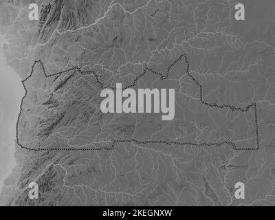 Süd, Region Kamerun. Höhenkarte in Graustufen mit Seen und Flüssen Stockfoto