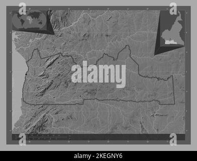 Süd, Region Kamerun. Bilevel-Höhenkarte mit Seen und Flüssen. Standorte der wichtigsten Städte der Region. Karten für zusätzliche Eckposition Stockfoto