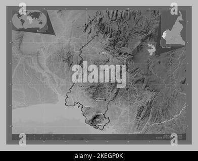 Sud-Ouest, Region Kamerun. Höhenkarte in Graustufen mit Seen und Flüssen. Orte und Namen der wichtigsten Städte der Region. Ecke Zusatzlok Stockfoto