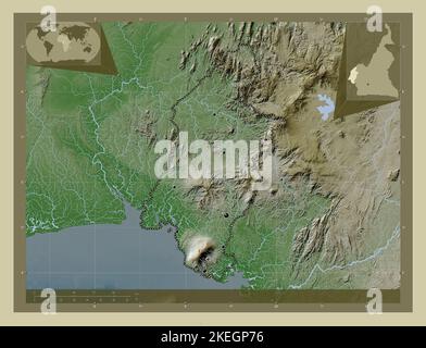 Sud-Ouest, Region Kamerun. Höhenkarte im Wiki-Stil mit Seen und Flüssen. Standorte der wichtigsten Städte der Region. Ecke Zusatzbereich lo Stockfoto