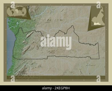 Süd, Region Kamerun. Höhenkarte im Wiki-Stil mit Seen und Flüssen. Karten für zusätzliche Eckposition Stockfoto