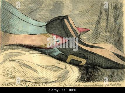 JAMES GILLRAY (7565-1818) englischer Karikaturist. Seine modischen Cartoon-Kontraste aus dem Jahr 1792 oder der kleine Schuh der Herzogin, der der Größe des Fußes des Herzogs nachgibt Stockfoto
