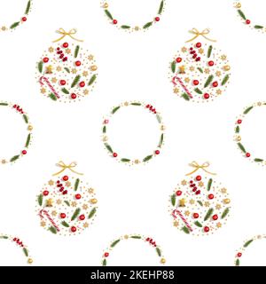 Weihnachtliches Nahtloses Muster auf weißem Hintergrund. Neujahrsdekor. Abstrakter Hintergrund für Weihnachten. Draufsicht, flach liegend. Stockfoto