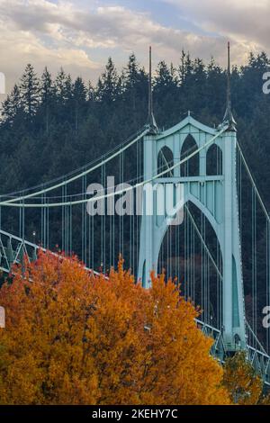 Die Herbstsaison im St. Johns Bridge and Cathedral Park in Portland, Oregon, im pazifischen Nordwesten der USA Stockfoto