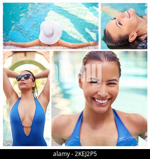 Tauchen Sie ein in Luxus. Zusammengesetztes Bild einer jungen Frau, die sich im und um den Spa-Pool entspannt. Stockfoto