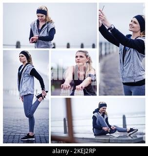 Machen Sie sich fit. Zusammengesetztes Bild einer attraktiven jungen Frau, die am Pier trainieren soll. Stockfoto