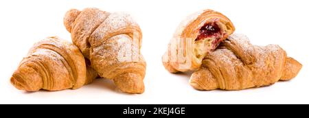 Zwei croissant bestreut mit Puderzucker auf weißem Hintergrund closeup isoliert Stockfoto